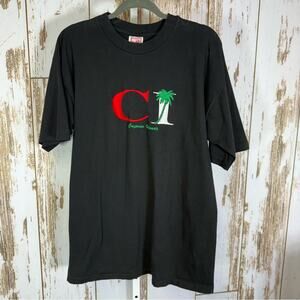Hefty, Cayman Islands Embroidered Black Graphic Tee with Palm Design. Size XL.